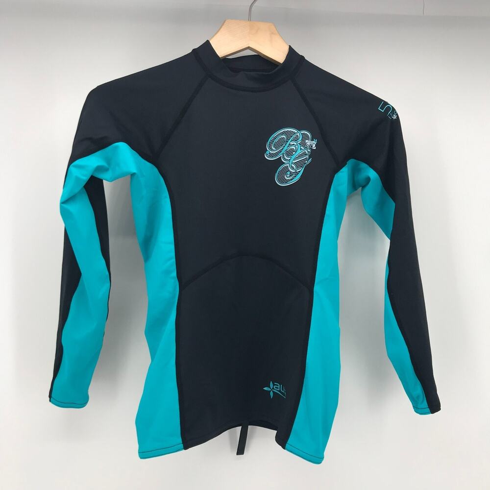 Body Glove Aura Rash Guard Youth Kids Medium Blue Black 50 SPF UV Long Sleeve